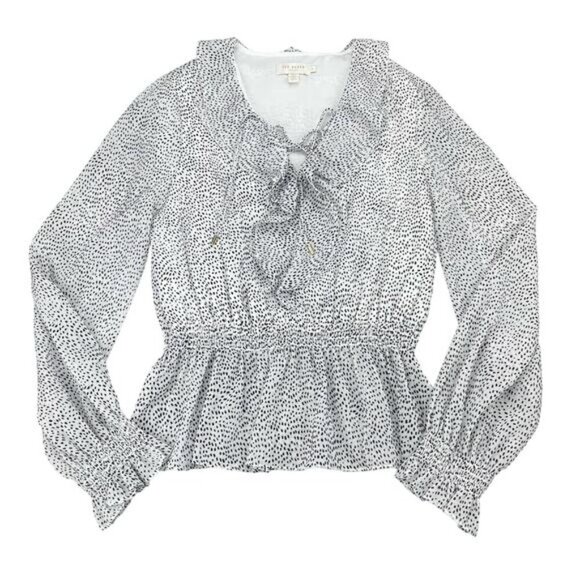 TED BAKER Alyanna Lace Up Ruffle Front Textured Long Sleeve Blouse Top Sz 4 - Picture 5 of 9